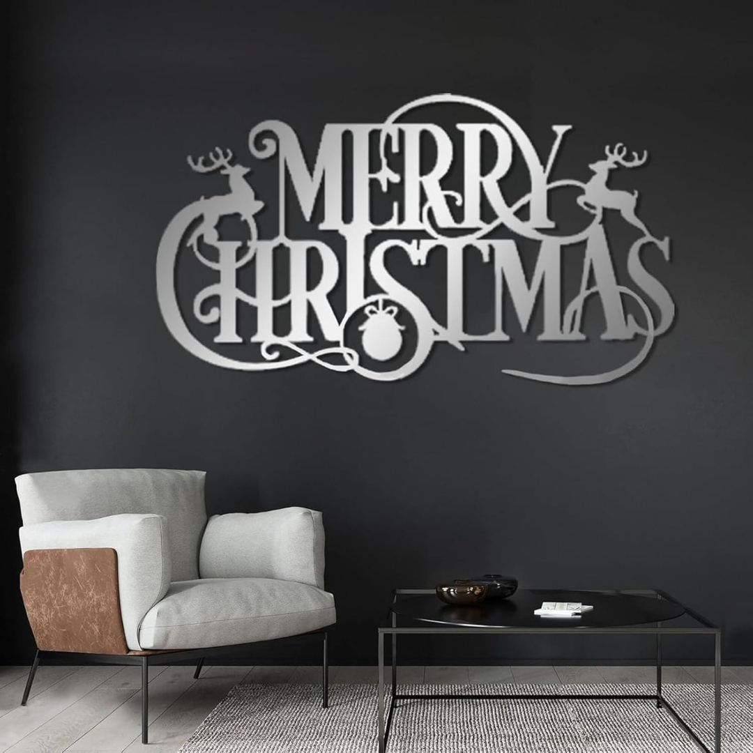 Decorative 'Merry Christmas' wall art on a dark wall with a modern chair and coffee table.